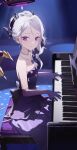  1girl absurdres black_halo blue_archive breasts demon_girl demon_horns demon_wings dress earrings eimizzzzz gloves grand_piano halo highres hina_(blue_archive) hina_(dress)_(blue_archive) horns indoors instrument jewelry long_hair looking_at_viewer music necklace pendant piano playing_instrument playing_piano purple_dress purple_eyes purple_gloves sitting small_breasts solo white_hair wings 