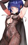  1girl armpits arms_up audio_jack black_cape black_dress black_eyes blue_hair boku_no_hero_academia breasts cape chronopattern_dress commentary dress jiro_kyoka long_earlobes looking_at_viewer meme_attire sanpaku short_hair sidelocks simple_background small_breasts solo virtual_youtuber white_background zd_(pixiv6210083) 