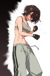  1girl alternate_costume asymmetrical_bangs black_gloves blue_eyes blurry blurry_foreground boxing breasts brown_hair cleavage clenched_hands commentary feet_out_of_frame fingerless_gloves gloves grey_pants grey_sports_bra henriiku_(ahemaru) highres hololive medium_breasts motion_blur navel oozora_subaru pants parted_bangs parted_lips sandbag short_hair simple_background solo sports_bra standing stomach striped_clothes striped_pants sweat sweatpants swept_bangs toned toned_female vertical-striped_clothes vertical-striped_pants virtual_youtuber white_background 