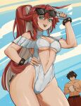  absurdres alohapz artist_name breasts cleavage clothing_cutout contrapposto cowboy fingerless_gloves frilled_one-piece_swimsuit frills gloves green_eyes guilty_gear guilty_gear_strive hand_on_own_hip highleg highleg_one-piece_swimsuit highres jack-o&#039;_valentine long_hair navel one-piece_swimsuit open_mouth ponytail red_hair red_swim_trunks sol_badguy sunglasses swimsuit thighs very_long_hair white_hair white_one-piece_swimsuit 