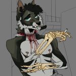 anthro blood bodily_fluids bone canid canine cigarette exposed_bone fur gore green_body green_fur impalement knife male mammal mastectomy_scar puppy_meats scar solo trans_(lore) trans_man_(lore) wounded