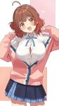  1girl absurdres ahoge blue_overskirt blue_ribbon blue_skirt blush brown_hair button_gap cardigan cowboy_shot gakuen_idolmaster gradient_hair hanami_ume hatsuboshi_gakuen_school_uniform head_tilt heart highres idolmaster long_sleeves looking_at_viewer medium_hair multicolored_hair neck_ribbon orange_hair pink_cardigan pleated_skirt purple_hair rakushi_(kamekameha222) ribbon school_uniform shirt skirt smile solo white_shirt 
