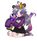  1girl ahoge banana_peel bandaid bruise_on_leg dirty glimmycat grey_hair highres hole_in_sock indie_virtual_youtuber long_sleeves messy_hair patch peonyplayinpossum possum_girl possum_tail purple_eyes purple_sweater socks solo sweater white_background 
