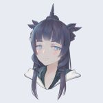  1girl artemis_of_the_blue atelier_live black_hair blue_eyes blue_hoodie blunt_bangs blush bright_pupils collarbone commentary cropped_shoulders double-parted_bangs english_commentary half-closed_eyes hood hoodie light_smile long_eyelashes long_hair long_sidelocks looking_at_viewer portrait shark_fin shark_girl sidelocks simple_background solo thick_eyebrows thick_eyelashes two-tone_hoodie vertigris virtual_youtuber wavy_sidelocks white_background white_hoodie white_pupils 