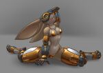2025 absurd_res bikini breasts brown_body brown_fur clothing countershade_face countershade_torso countershading cybernetic_arm cybernetic_leg cybernetic_limb cybernetics dated dewlap_(anatomy) female fur gold_bikini golden_week green_eyes hi_res humanoid lagomorph leporid machine mammal mask mootsider rabbit solo swimwear tan_body tan_fur two-piece_swimsuit