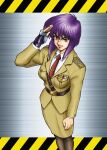  1girl belt breasts brown_pantyhose collar fingerless_gloves ghost_in_the_shell ghost_in_the_shell:_stand_alone_complex gloves highres kusanagi_motoko lips looking_at_viewer military_dress_uniform military_uniform necktie pantyhose parted_lips pencil_skirt purple_hair red_eyes red_lips red_nails red_necktie salute sam_browne_belt shirow_masamune_(style) single_fingerless_glove skirt smile solo usahachi white_collar 