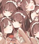  6+girls ^_^ absurdres bare_shoulders brown_eyes brown_hair clone closed_eyes closed_mouth commentary english_commentary fawning_nadeko god_nadeko hairband highres kiri_iii_kiri long_hair looking_at_viewer mini_person minigirl monogatari_(series) multiple_girls multiple_persona nademonogatari open_mouth pout sengoku_nadeko sengoku_nadeko_(mangaka) sengoku_nadeko_(sundress) short_hair smile upper_body white_hairband 
