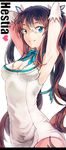  armpits arms_up bad_id bad_pixiv_id blue_eyes blue_ribbon breasts brown_hair commentary dress dungeon_ni_deai_wo_motomeru_no_wa_machigatteiru_darou_ka freng hair_between_eyes heart hestia_(danmachi) long_hair looking_at_viewer parted_lips rei_no_himo ribbon short_dress simple_background small_breasts smile solo twintails upper_body very_long_hair white_background white_dress 