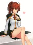  ahoge ass blazblue blush brown_eyes brown_hair cape celica_a_mercury covered_nipples hair_ribbon heart highres k1_(erin22) legs looking_at_viewer miniskirt navel pleated_skirt ponytail red_eyes red_ribbon ribbon school_uniform sitting skirt smile solo 