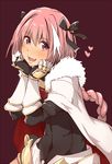  astolfo_(fate) black_bow blush bow braid cape covered_navel eyebrows_visible_through_hair fang fate/apocrypha fate/grand_order fate_(series) fur_trim gauntlets hair_bow hands_on_own_cheeks hands_on_own_face heart looking_at_viewer male_focus open_mouth otoko_no_ko pink_hair purple_eyes simple_background single_braid skin_tight tokiwa_midori_(kyokutou_funamushi) 