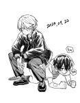  2boys all_fours androgynous bags_under_eyes bishounen creator_connection crossover dated eyeliner greyscale high_school_boy highres hong_iltak human_chair human_furniture jacket korean_text lee_hoon looking_at_viewer makeup male_focus monochrome multiple_boys parkgee red_eyeliner sanpaku short_hair simple_background sitting sitting_on_person spot_color suicide_boy tearing_up white_background 