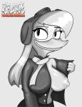 absurd_res anatid animal_humanoid anseriform anthro avian avian_humanoid beak bedroom_eyes big_breasts bird black_and_white breasts clothing della_duck disney duck ducktales ducktales_(2017) eyelashes eyewear female goggles hair hat headgear headwear hi_res humanoid jacket long_hair looking_at_viewer mature_female monochrome narrowed_eyes nipples rcblackdie scarf seductive smile smiling_at_viewer solo topwear