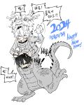  &gt;_o 2024 2boys absurdres androgynous anger_vein angry animal_costume bags_under_eyes bandage_on_face bandages bishounen chinese_zodiac creator_connection crossover dragon_costume english_text eyeliner greyscale happy_new_year high_school_boy highres hitting hong_iltak korean_commentary korean_text lee_hoon makeup male_focus monochrome multiple_boys one_eye_closed parkgee red_eyeliner sanpaku shared_clothes shared_costume short_hair simple_background spot_color suicide_boy white_background year_of_the_dragon 