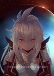  ahoge dark_skin granblue_fantasy hair_between_eyes long_hair looking_at_viewer planet red_eyes senhaku solo space white_hair zooey_(granblue_fantasy) 