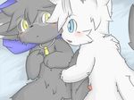  anthro bangs bed blue_eyes blush brothers cat cute feline fluffy fluffy_tail fur grey_fur imminent_sex incest itameshi jewelry lick_zack male male/male mammal nap_zack necklace nude pillow sibling tail_tale video_games white_fur yaminabe_aries yellow_eyes 
