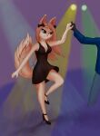 anthro black_clothing black_dress blonde_hair blue_clothing blue_shirt blue_topwear bottomwear breasts brown_body brown_eyes brown_fur canid canine canis clothed clothing collared_shirt dancing denim denim_bottomwear denim_clothing dress dress_shirt dress_shoes duo faceless_anthro faceless_character faceless_male female fox fur hair jeans khaki_fur male male/female mammal multicolored_body multicolored_fur pants pete_bagheera sera_(disambiguation) shirt simple_background spotlight spotlight_beam tan_body tan_fur topwear