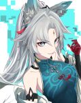  1girl absurdres animal_ear_fluff animal_ears bare_shoulders blue_dress blue_eyes dress feixiao_(honkai:_star_rail) forehead_jewel fox_ears fox_girl gloves grey_hair highres honkai:_star_rail honkai_(series) jacket jewelry long_hair looking_at_viewer off_shoulder parted_bangs ponytail red_gloves rufighter86 smile solo upper_body white_jacket 