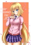 absurdres alternate_costume blonde_hair blue_eyes blush box breasts dress_shirt fate/apocrypha fate_(series) gift gift_box happy_valentine head_tilt heart highres jeanne_d'arc_(fate) jeanne_d'arc_(fate)_(all) large_breasts long_hair looking_at_viewer necktie pink_sweater plaid plaid_skirt pleated_skirt rai_(newtype_xm-x1) school_uniform shirt skirt smile solo sweater valentine very_long_hair 