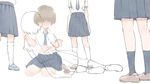  check_commentary commentary commentary_request lineart multiple_girls no_lineart original outline pleated_skirt school_uniform short_hair sitting skirt wariza yajirushi_(chanoma) 