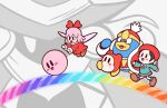  3girls adeleine black_hair blush_stickers coat colored_skin ddddndn drawcia fairy fairy_wings hat king_dedede kirby kirby:_canvas_curse kirby_(series) kirby_64 multiple_girls orange_skin pink_hair pink_skin rainbow red_coat red_hat red_ribbon ribbon ribbon_(kirby) waddle_dee wings witch_hat 