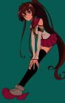  1girl asymmetrical_legwear black_socks black_thighhighs blush brown_eyes brown_hair closed_mouth detached_sleeves full_body green_background hair_between_eyes hands_on_own_knees highres kantai_collection kneehighs long_hair long_sleeves looking_at_viewer miniskirt mismatched_legwear nzeneee pleated_skirt ponytail red_sailor_collar red_skirt retro_artstyle sailor_collar sailor_shirt shirt skirt sleeveless sleeveless_shirt sleeves_past_wrists smile socks solo thighhighs very_long_hair white_shirt white_sleeves yamato_(kancolle) 