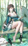  1girl absurdres ankle_belt bare_shoulders black_gloves breasts brown_hair china_dress chinese_clothes closed_mouth detached_sleeves dress fingerless_gloves full_body gloves highres holding holding_umbrella honkai_(series) honkai_impact_3rd jingwei_(bird) li_sushang li_sushang_(peregrine_sword) long_hair long_sleeves looking_at_viewer low_twintails official_alternate_costume outdoors shoes single_bare_foot single_glove sitting smile solo thigh_strap twintails umbrella unworn_shoes ying_ling 