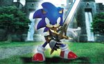  3d gauntlets grass hedgehog highres looking_at_viewer smirk sonic sonic_and_the_black_knight sonic_the_hedgehog sword tree wallpaper water waterfall weapon 