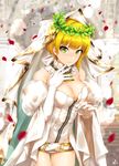  belt blonde_hair blush breasts chain cleavage cosplay fate/extra fate/extra_ccc fate_(series) gloves green_eyes highres idolmaster idolmaster_cinderella_girls infinote lock looking_at_viewer medium_breasts miyamoto_frederica nero_claudius_(bride)_(fate) nero_claudius_(bride)_(fate)_(cosplay) nero_claudius_(fate)_(all) padlock petals short_hair smile solo veil white_gloves white_sleeves zipper 