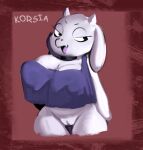 anthro big_breasts boss_monster_(undertale) bovid breasts caprine clothing digital_media_(artwork) female fur genitals goat horn korsia looking_away mammal mature_anthro mature_female open_mouth pussy simple_background sketch small_shirt smile solo standing thick_thighs toriel undertale undertale_(series) white_body white_fur