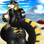  2017 anthro beach big_breasts big_butt bikini breasts butt canine clothed clothing ear_piercing female fish fur hair happy hi_res huge_breasts huge_butt looking_at_viewer mammal marine masamaki open_mouth outside piercing red_panda seaside shark surfing swimsuit teeth thick_thighs tongue water wave wide_hips wolf yellow_eyes 