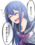  1girl bangs blue_hair blue_sailor_collar bow bowtie closed_eyes danganronpa:_trigger_happy_havoc danganronpa_(series) gomio_(bb-k) hair_between_eyes hair_ornament hairclip laughing long_hair maizono_sayaka open_mouth pink_bow pink_bowtie sailor_collar school_uniform serafuku simple_background solo translation_request upper_body white_background 