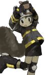  1girl arknights black_eyes black_jacket black_shorts brown_hair buffalo_iinkai cowboy_shot firefighter firefighter_jacket hat highres holding holding_stuffed_toy jacket looking_at_viewer open_mouth shaw_(arknights) shorts simple_background solo standing standing_on_one_leg stuffed_toy tail white_background white_hat 