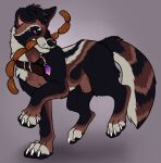  animal_genitalia black_body black_fur black_nose black_pawpads bodily_fluids brown_body brown_collar brown_fur canid canine claws collar feral floppy_ears food fully_sheathed fur genitals glistening glistening_eyes grey_background hi_res killthe_demon male mammal meat multicolored_eyes orange_eyes pawpads purple_eyes quadruped sausage sheath side_view simple_background solo sweat two_tone_eyes white_body white_claws white_fur 