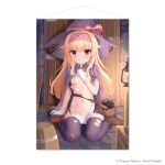  1girl bag bandaid bandaid_on_knee bandaid_on_leg barrel blonde_hair boots breasts brown_boots cape closed_mouth dress full_body gloves hairband hat hat_ribbon highres little_witch_nobeta long_hair looking_at_viewer navel nobeta nobeta_(witch_skin) official_art on_ground petite phyllis_(cat)_(little_witch_nobeta) phyllis_(little_witch_nobeta) purple_cape red_eyes ribbon shoulder_bag sitting small_breasts solo stomach thighhighs torn_clothes torn_dress torn_hat torn_thighhighs very_long_hair wariza white_gloves witch_hat 