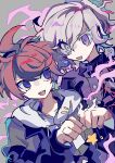  2boys black_hair black_jacket blue_eyes fire fist_bump fjsk grey_background grey_eyes grey_hair hair_between_eyes heterochromia highres hood hood_down jacket long_sleeves male_focus multicolored_hair multiple_boys open_mouth pink_fire purple_eyes red_hair shion_(hundred_line) simple_background streaked_hair sumino_takumi the_hundred_line_-last_defense_academy- upper_body 