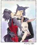 absurd_res anthro beastars bedroom_eyes black_tie_(suit) breast_grab breasts canid canine canis clothing dress face_lick female group hand_on_breast haru_(beastars) hi_res juno_(beastars) lagomorph legoshi_(beastars) leporid licking male male/female mammal mr.foxman narrowed_eyes rabbit seductive suit tongue trio waist_grab wolf