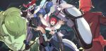  1girl 2boys amate_yuzuriha aqua_eyes beanie black_hat black_shoes black_socks challia_bull char_aznable closed_mouth commentary diagonal-striped_clothes diagonal-striped_necktie facial_hair gquuuuuux gundam gundam_gquuuuuux haro hat highres kneehighs loafers long_sleeves looking_at_viewer mecha mobile_suit multiple_boys mustache necktie open_mouth red_hair red_necktie robot ryou_(ponpgo) school_uniform science_fiction shirt shoes short_hair skirt socks striped_clothes sweater teeth upper_teeth_only v-fin 