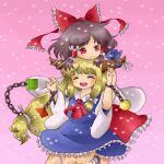  2girls adapted_costume alternate_costume alternate_hair_color ascot blonde_hair blue_skirt bow brown_hair brown_horns chain closed_eyes cube cuffs frilled_bow frilled_hair_tubes frills hair_tubes hakurei_reimu head_on_head head_rest height_difference holding_hands horn_bow horn_ornament horn_ribbon horns ibuki_suika long_hair looking_to_the_side lowres mo-musu multiple_girls oni orb pyramid_(geometry) red_ascot red_eyes red_skirt ribbon shackles skirt skirt_set smile touhou wide_sleeves 