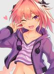  ;d astolfo_(fate) blush braid fang fate/apocrypha fate_(series) hair_ornament hair_ribbon long_hair looking_at_viewer male_focus navel one_eye_closed open_mouth otoko_no_ko pink_hair pom_pom_(clothes) purple_eyes ribbon shiny shiny_hair single_braid smile solo tgh326 v v_over_eye 