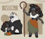 accessory anthro bell bell_collar black_body black_fur black_hair black_wool blue_eyes blush bovid breasts cane canid canine canis caprine cheek_tuft claws cleavage cloak clothed clothing collar death_(personification) death_(puss_in_boots) dreamworks dress duo eyebrows facial_markings facial_tuft fan_character female flower flower_in_hair fluffy fur fuzzy hair hair_accessory half-closed_eyes hand_holding head_markings head_tuft heart_symbol hi_res holding_object hooves life_(personification) long_hair looking_down love male male/female mammal markings mask_(marking) mole_(marking) narrowed_eyes neck_tuft plant poncho predator/prey puss_in_boots_(franchise) red_eyes romantic romantic_couple sheep short_tail size_difference small_waist smile staff standing tail text tuft vita_(zuriscribbles) waist_grab whiskers white_body white_fur wolf wool_(fur) wraps wrist_wraps zuriscribbles