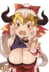  1girl aliza_(granblue_fantasy) bare_arms bare_shoulders bow breasts chocolate cleavage doraf earrings granblue_fantasy horns large_breasts looking_at_viewer open_mouth solo walkalone 