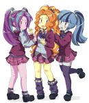 3girls :d :o adagio_dazzle adagio_dazzle_(human) alternate_costume ankle_socks aqua_hair aria_blaze aria_blaze_(human) behind_another black_choker black_hairband black_shoes blonde_hair blue_hair blunt_ends blush bow bowtie choker collared_shirt colored_skin crystal_prep_academy_school_uniform curly_hair dbzrz fang frilled_socks frills gem grey_shirt grey_skin hair_ornament hair_scrunchie hairband hand_on_another's_shoulder hands_on_another's_arm high_ponytail highres jacket kneehighs loafers long_hair looking_at_another miniskirt multicolored_hair multiple_girls my_little_pony my_little_pony:_equestria_girls my_little_pony:_friendship_is_magic open_mouth orange_hair parted_bangs pendant_choker pink_skin plaid_clothes plaid_skirt pleated_skirt ponytail purple_bow purple_bowtie purple_hair purple_jacket purple_skirt purple_socks purple_sweater_vest purple_thighhighs red_eyes red_gemstone retro_artstyle school_uniform scrunchie shirt shoes simple_background skin_fang skirt smile socks sonata_dusk sonata_dusk_(human) spiked_hairband spikes standing standing_on_one_leg star_(symbol) star_hair_ornament straight_hair streaked_hair sweatdrop sweater_vest thighhighs twintails two-tone_hair v-bangs very_long_hair white_background white_scrunchie yellow_skin zettai_ryouiki 