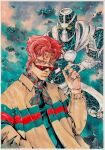  1boy absurdres alternate_costume araki_hirohiko_(style) armor border commentary compound_eyes earrings english_commentary gucci highres jacket jewelry jojo_no_kimyou_na_bouken kakyoin_noriaki male_focus mask mouth_mask multicolored_neckerchief neckerchief painting_(medium) red-tinted_eyewear red_hair signature stand_(jojo) stardust_crusaders sunglasses tinted_eyewear traditional_media watercolor_(medium) white_armor white_border white_mask xfkart yellow_eyes yellow_jacket 