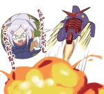  1girl battle_damage blue_eyes bomb cockpit colored_eyelashes commentary_request damaged deux_murasame explosive freckles grey_hair gundam gundam_gquuuuuux hair_bun long_hair looking_at_viewer mecha mecha_pilot_suit mobile_suit normal_suit_(gundam) psyco_gundam_(gquuuuuux) robot science_fiction shimouki_izui simple_background thrusters translation_request v-fin 