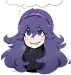  :d bangs blush commentary drooling eyebrows_visible_through_hair hairband heavy_breathing hex_maniac_(pokemon) highres long_hair looking_up milka_(milk4ppl) open_mouth pokemon pokemon_(game) pokemon_xy purple_eyes purple_hair purple_hairband simple_background smile solo sweatdrop thought_bubble turtleneck upper_body very_long_hair white_background 