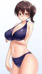  3: alternate_costume arm_at_side bikini blue_bikini blush breast_hold breasts brown_eyes brown_hair cleavage closed_mouth commentary_request eyebrows_visible_through_hair hair_between_eyes highres huge_breasts kaga_(kantai_collection) kantai_collection keita_(tundereyuina) looking_to_the_side navel side_ponytail solo standing swimsuit v-shaped_eyebrows 