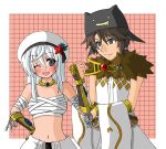  1boy 1girl argyle_clothes argyle_shirt bandages black_gloves black_hat blue_flower breasts brown_eyes brown_hair chest_sarashi closed_mouth clothes_around_waist commentary_request detached_sleeves deviruchi_hat fist_bump flower fur_collar gauntlets gloves grey_eyes grid_background hat hat_flower hat_ornament leaf_hat_ornament looking_at_viewer medium_breasts monou0135 navel one_eye_closed open_mouth pink_background ragnarok_online red_flower sarashi shirt shirt_around_waist smile sorcerer_(ragnarok_online) sura_(ragnarok_online) tam_(ragnarok_online) upper_body white_background white_hair white_hat white_shirt white_sleeves 