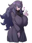  1girl ahoge al_bhed_eyes black_hair blue_eyes breasts curvy erect_nipples hairband hex_maniac_(pokemon) huge_breasts long_hair looking_at_viewer messy_hair open_mouth pokemon pokemon_(game) pokemon_xy smile solo space_jin spoken_heart standing sweater tongue wide_hips 