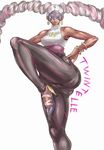  arms_(game) ass bad_anatomy bad_proportions bare_shoulders blonde_hair bracelet character_name dark_skin drill_hair earrings green_eyes high_heels highres hips jewelry leg_lift lips long_hair mask multicolored_hair pink_hair simple_background solo thick_thighs thighs twin_drills twintelle_(arms) uya_(yurukah) very_long_hair white_background 