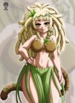  1girl animal_ears artist_logo bananajuju blonde_hair brown_eyes brown_tail coconut_bra dreadlocks grass_skirt hand_on_own_hip highres indie_virtual_youtuber logo long_hair looking_at_viewer monkey_ears monkey_girl monkey_tail navel plant_clothing solo suture_art tail virtual_youtuber zoom_layer 